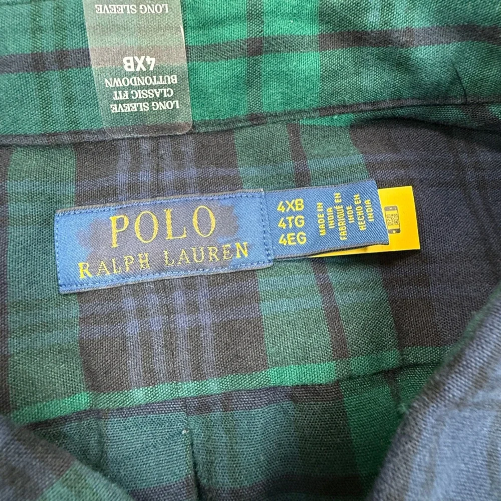 Polo Ralph Lauren Mens Size 4XB Oxford Shirt Green Navy Blue Plaid Brushed